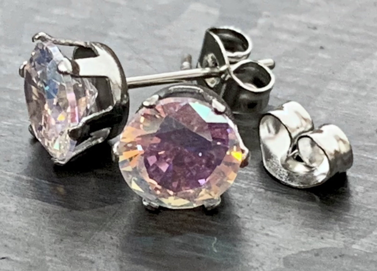 PAIR of Beautiful Hypoallergenic Prong Set Aurora Borealis CZ Gem 316L Surgical Steel Stud Earrings - 3mm thru 7mm Available!