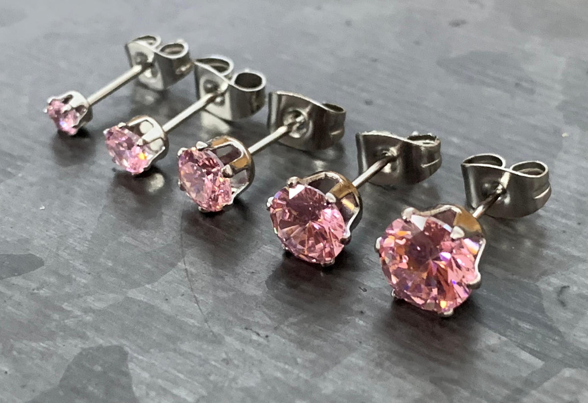 PAIR of Beautiful Hypoallergenic Prong Set Pink CZ Gem 316L Surgical Steel Stud Earrings - 3mm thru 7mm Available!