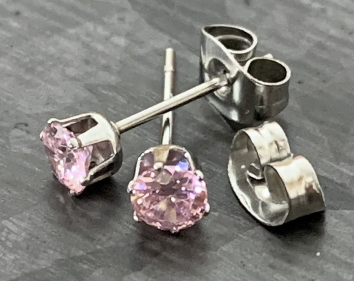 PAIR of Beautiful Hypoallergenic Prong Set Pink CZ Gem 316L Surgical Steel Stud Earrings - 3mm thru 7mm Available!