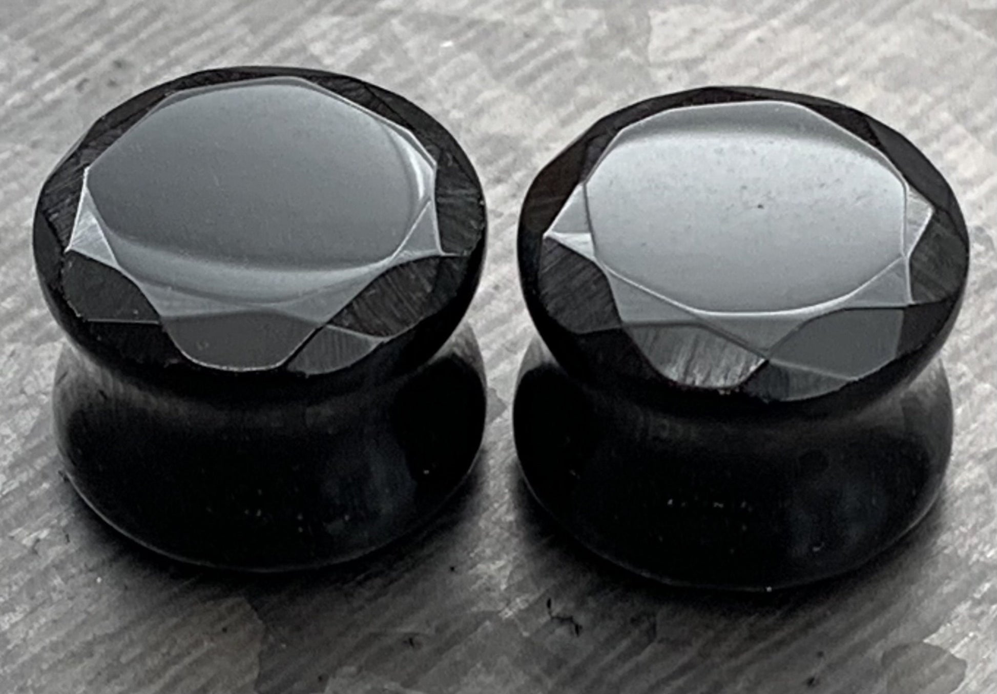 PAIR of Unique Faceted Organic Black Agate Stone Double Flare Plugs - Gauges 4g (5mm) through 5/8" (16mm) available!