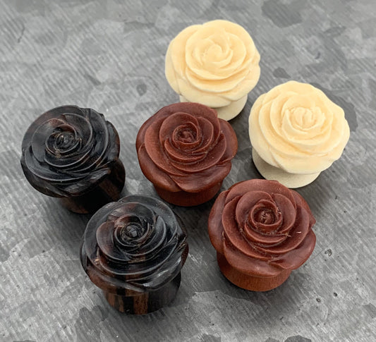 PAIR of Stunning Blooming Rose Flower Organic Wood Plugs/Tunnels - Gauges 2g (6mm) up to 1" (25mm) available!