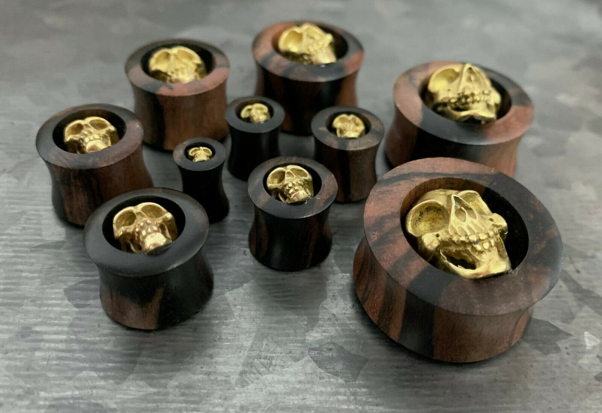 PAIR of Unique Brass Skull Organic Ebony Double Flare Wood Tunnels/Plugs - Gauges 2g (6mm) up to 1" (25mm) available!