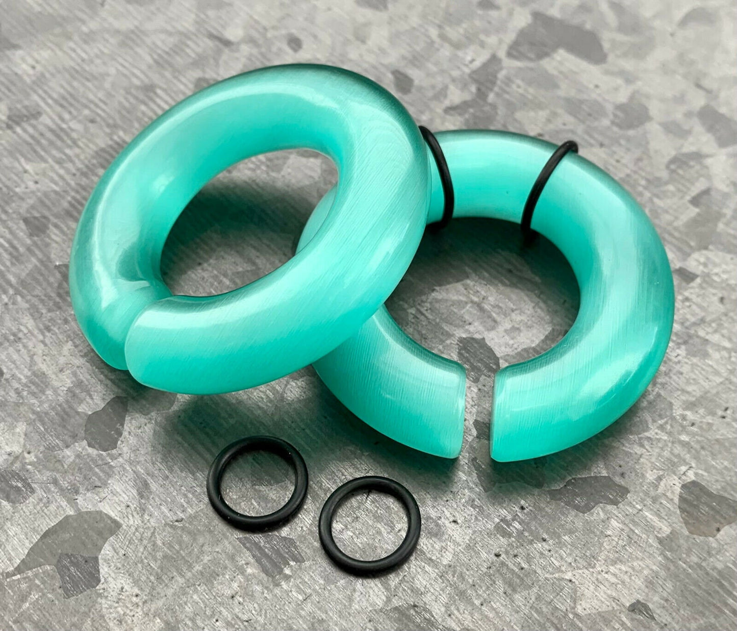 PAIR of Stunning Aquamarine Cat Eye Large Stone/Glass Hoops Ear Weight Hanging Plugs & O-rings -Gauges 4g (5mm) up to 5/8" (16mm) available!