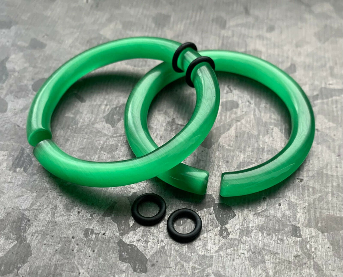 PAIR of Unique Deep Green Cat Eye Large Stone/Glass Hoops Ear Weight Hanging Plugs & O-rings - Gauges 4g (5mm) up to 5/8" (16mm) available!