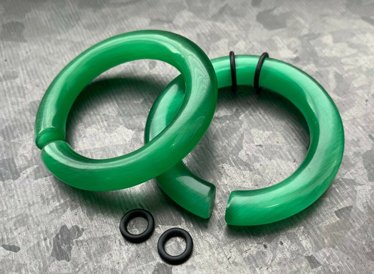 PAIR of Unique Deep Green Cat Eye Large Stone/Glass Hoops Ear Weight Hanging Plugs & O-rings - Gauges 4g (5mm) up to 5/8" (16mm) available!