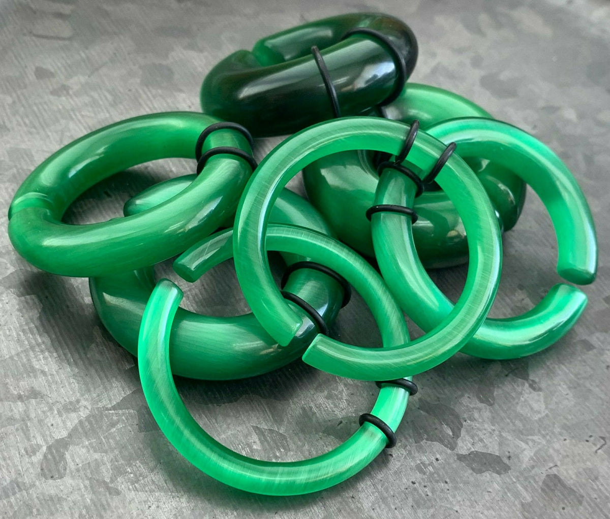 PAIR of Unique Deep Green Cat Eye Large Stone/Glass Hoops Ear Weight Hanging Plugs & O-rings - Gauges 4g (5mm) up to 5/8" (16mm) available!