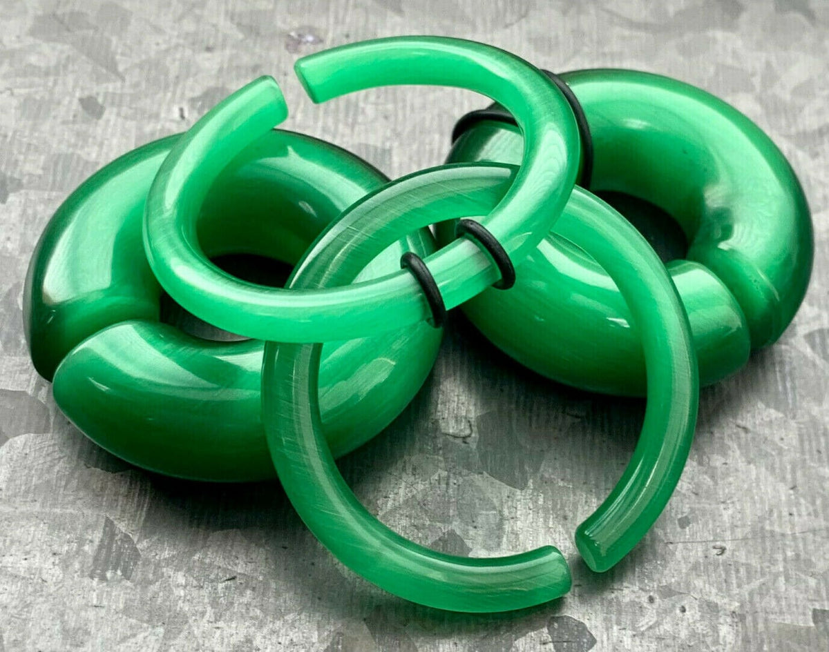 PAIR of Unique Deep Green Cat Eye Large Stone/Glass Hoops Ear Weight Hanging Plugs & O-rings - Gauges 4g (5mm) up to 5/8" (16mm) available!