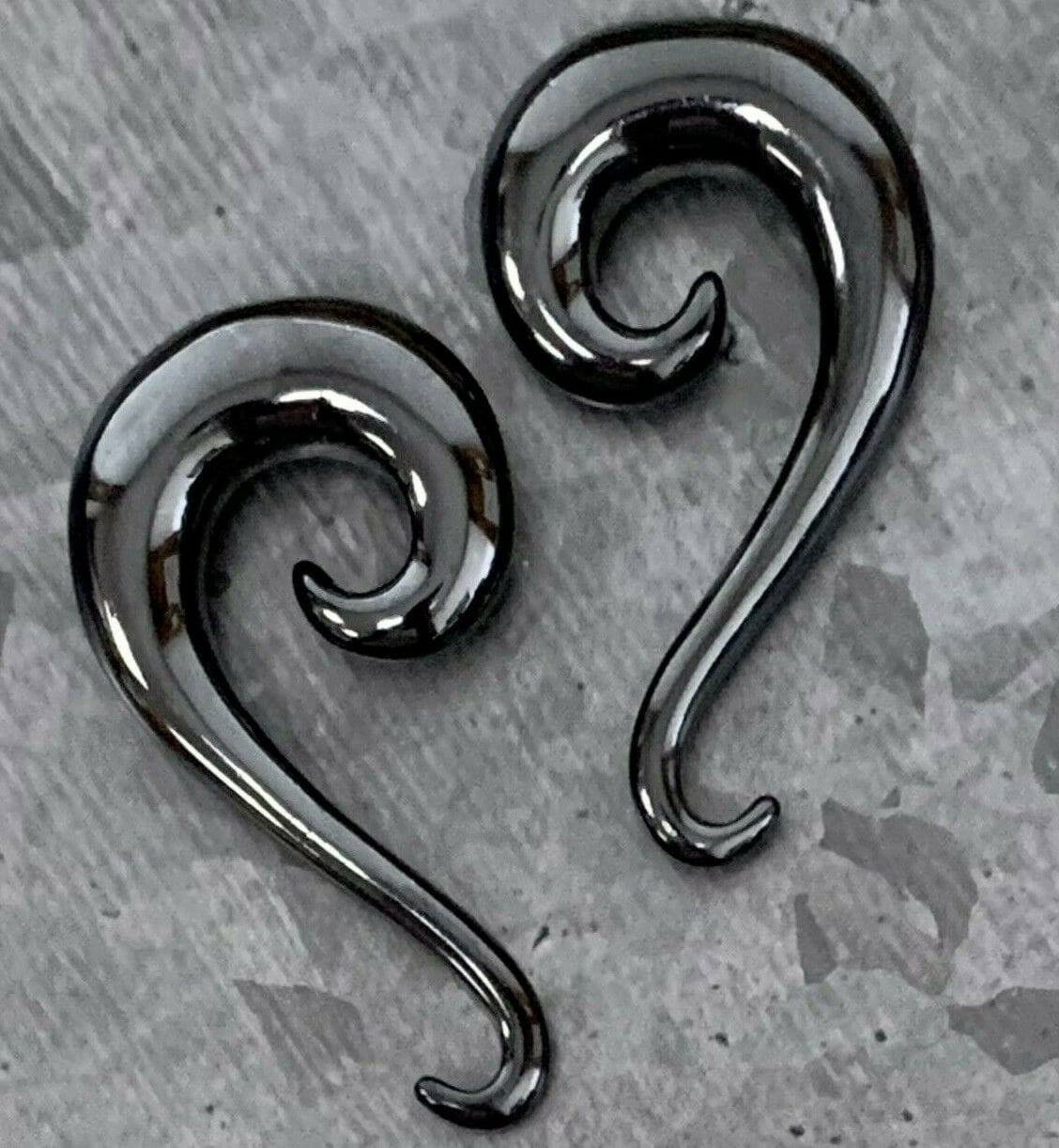 PAIR of Unique Black Swirl Hook Steel Spiral Tapers Gauges 14g (1.6mm) thru 2g (6mm) available!