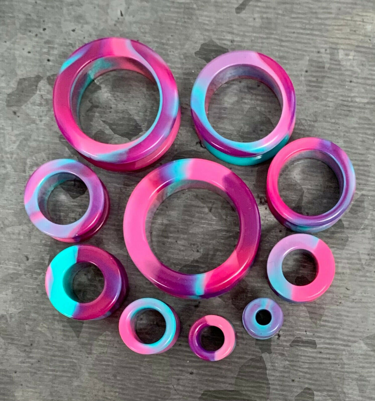 PAIR of Stunning Pink, Purple & Teal Swirl Galaxy Silicone Double Flare Tunnel/Plugs - Gauges 2g (6.5mm) up to 2" (50mm) available!