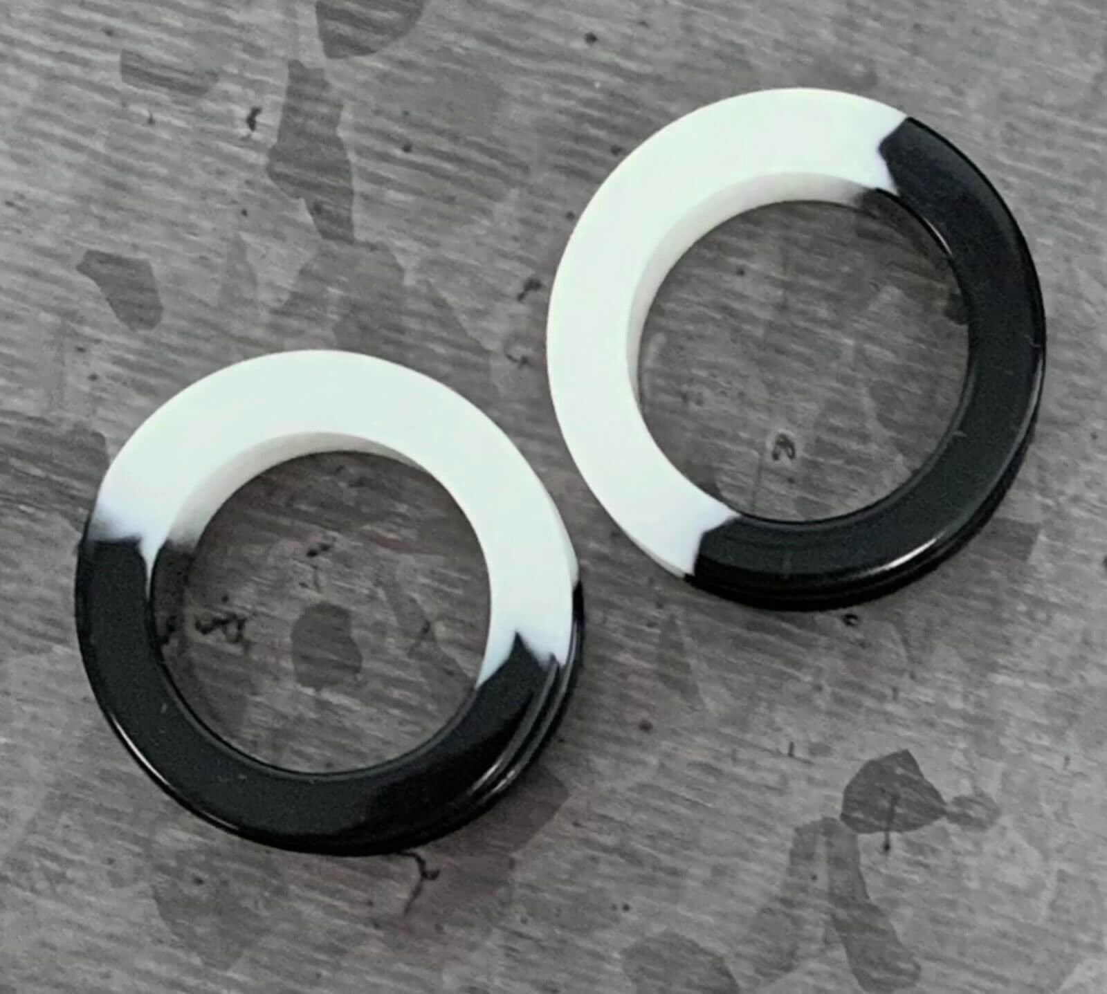 PAIR of Striking Half Black & White Silicone Double Flare Tunnel/Plugs - - Gauges 2g (6.5mm) up to 2" (50mm) available!