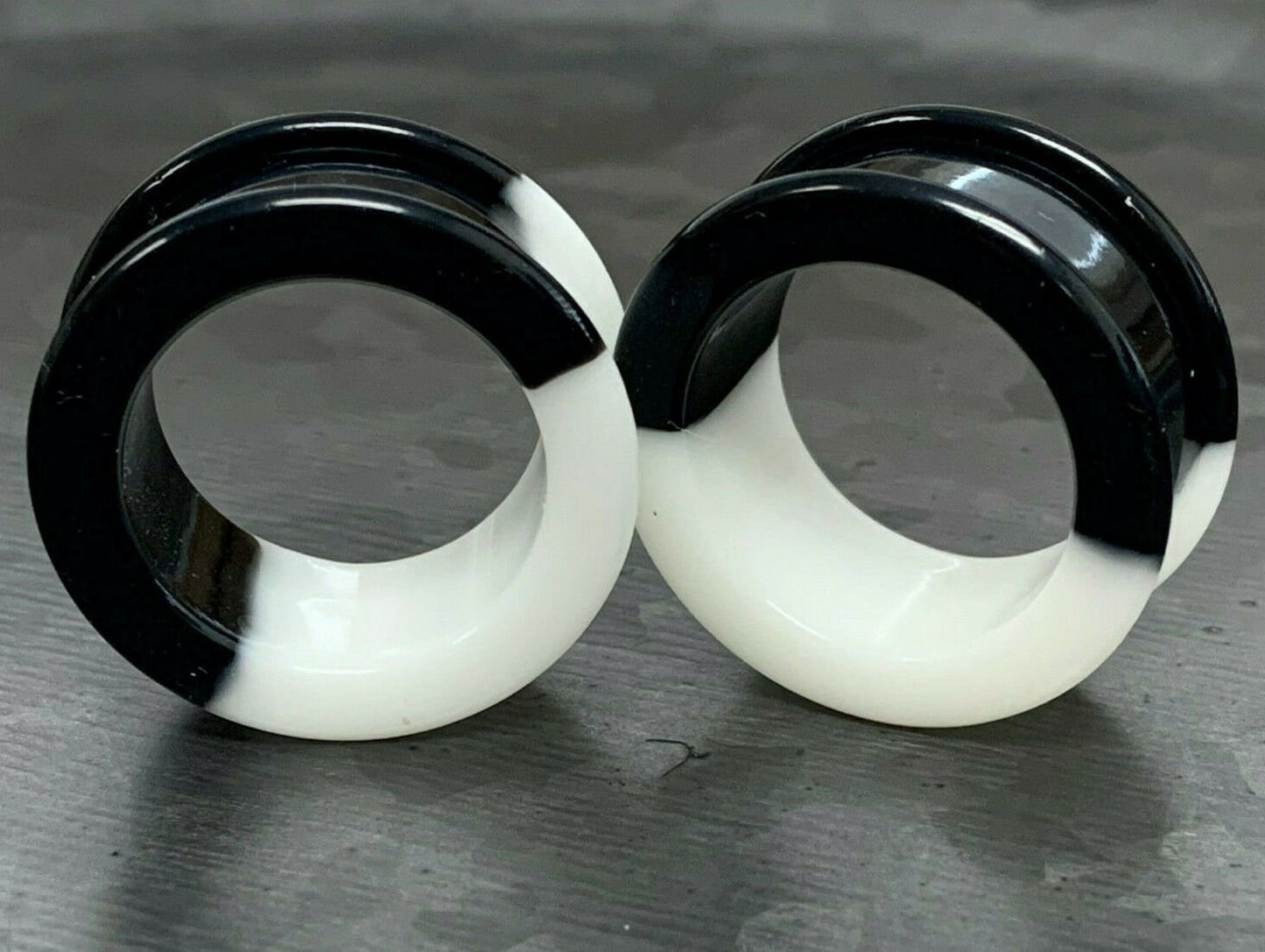 PAIR of Striking Half Black & White Silicone Double Flare Tunnel/Plugs - - Gauges 2g (6.5mm) up to 2" (50mm) available!