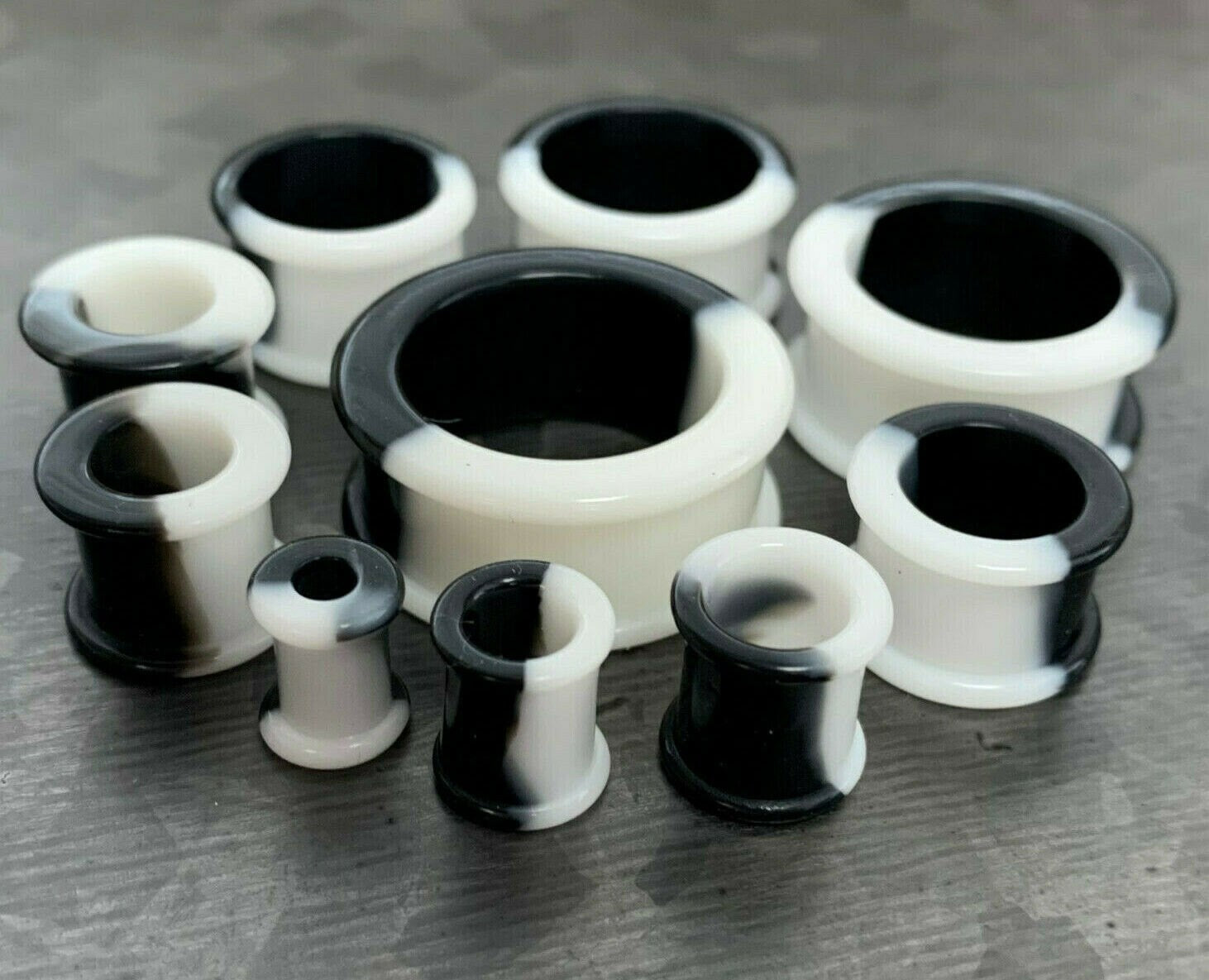 PAIR of Striking Half Black & White Silicone Double Flare Tunnel/Plugs - - Gauges 2g (6.5mm) up to 2" (50mm) available!