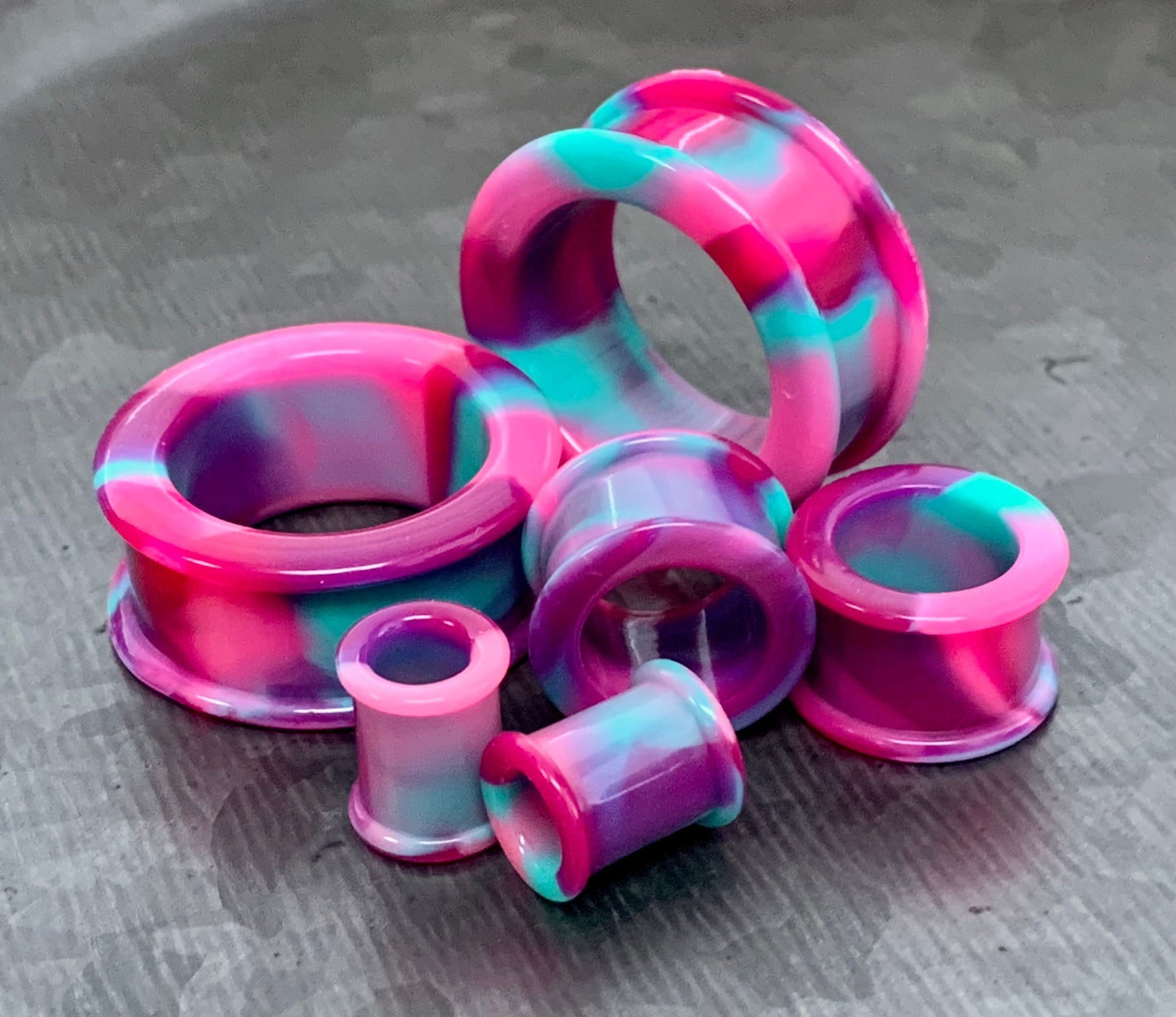 PAIR of Stunning Pink, Purple & Teal Swirl Galaxy Silicone Double Flare Tunnel/Plugs - Gauges 2g (6.5mm) up to 2" (50mm) available!