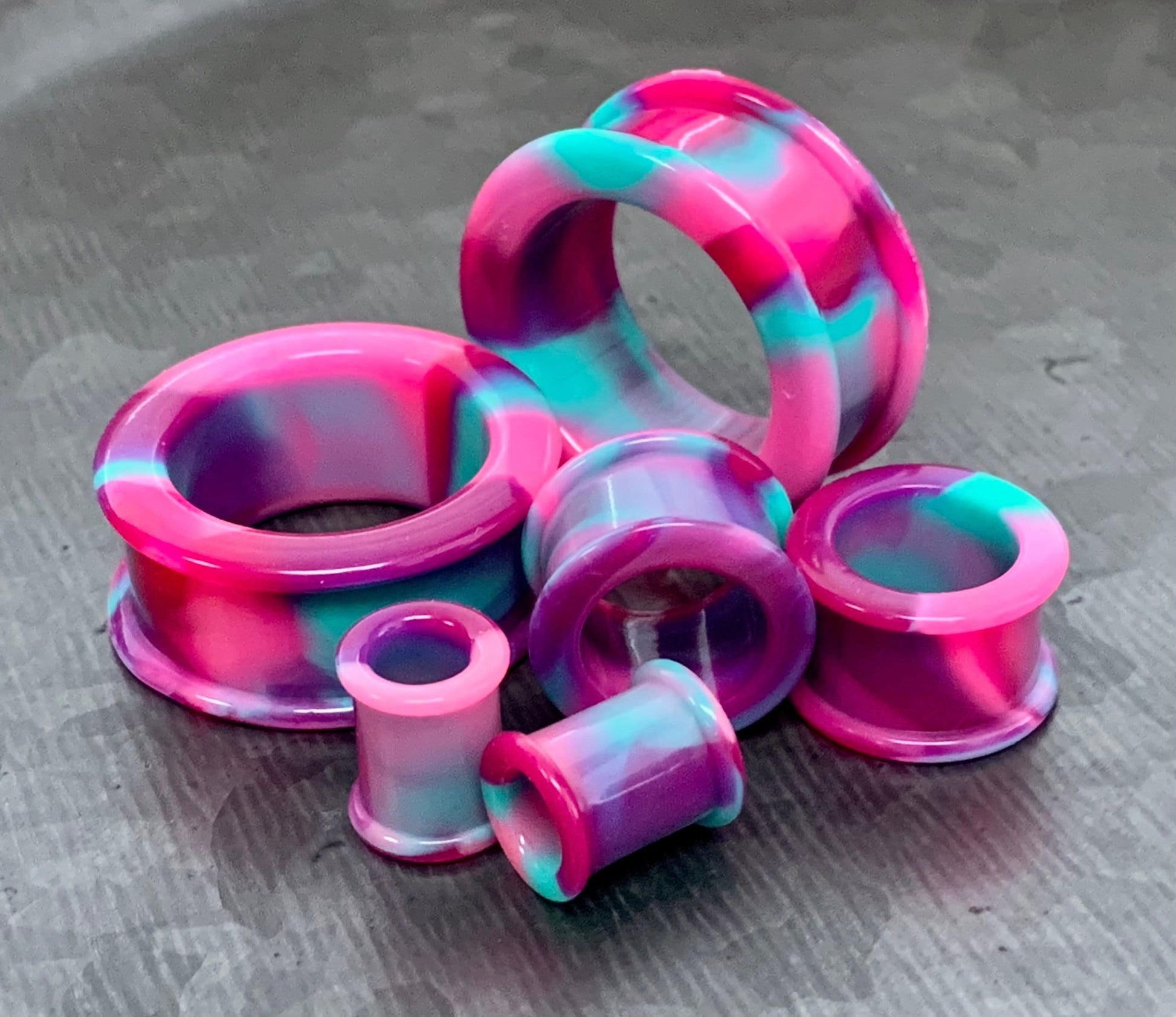 PAIR of Stunning Pink, Purple & Teal Swirl Galaxy Silicone Double Flare Tunnel/Plugs - Gauges 2g (6.5mm) up to 2" (50mm) available!