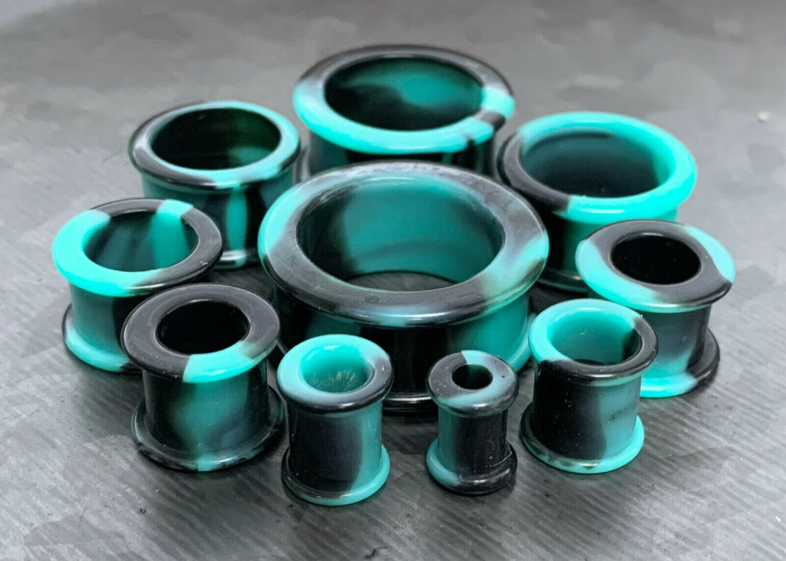 PAIR of Beautiful Teal & Black Swirl Galaxy Silicone Double Flare Tunnel/Plugs - Gauges 2g (6.5mm) up to 2" (50mm) available!