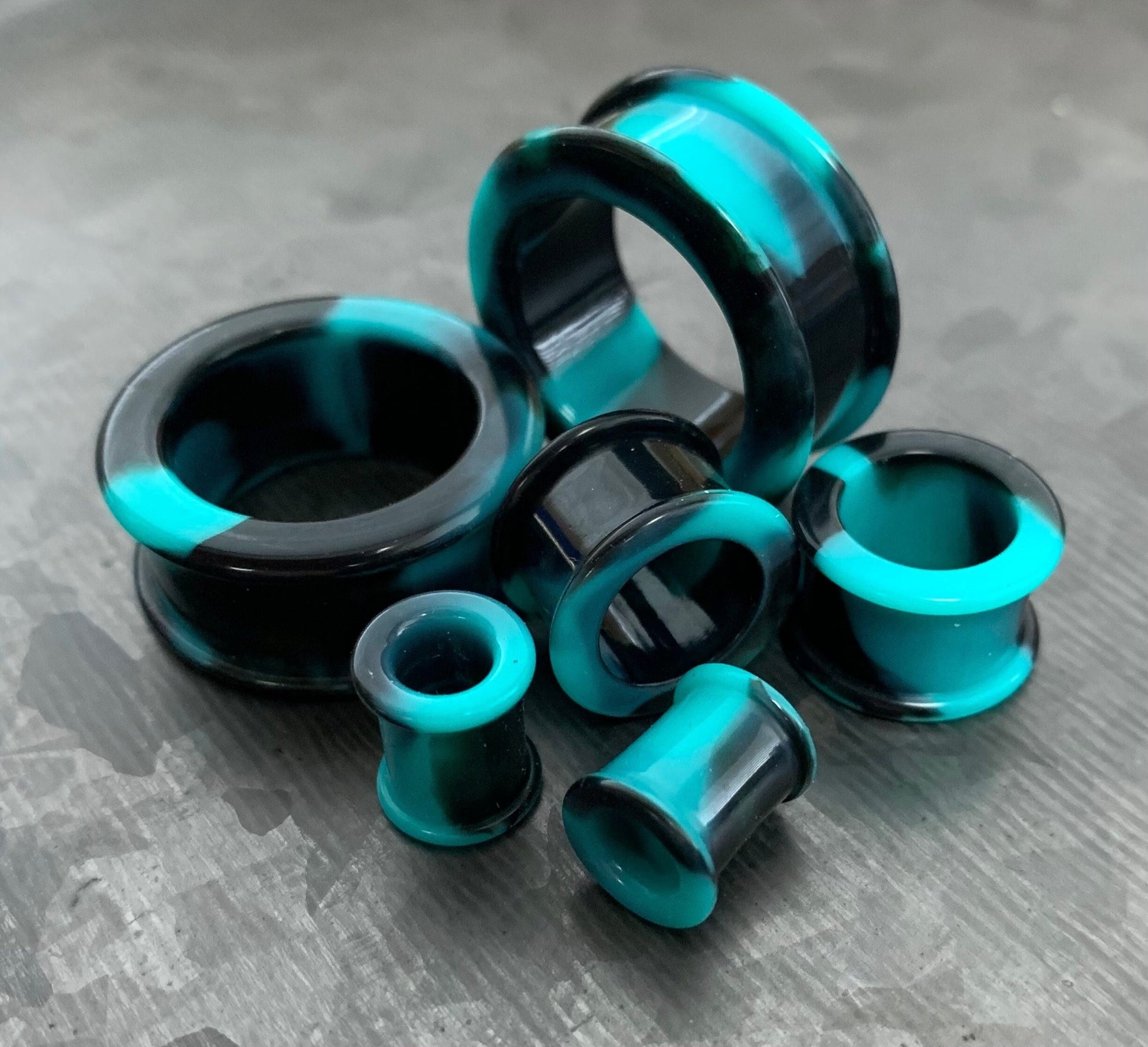 PAIR of Beautiful Teal & Black Swirl Galaxy Silicone Double Flare Tunnel/Plugs - Gauges 2g (6.5mm) up to 2" (50mm) available!