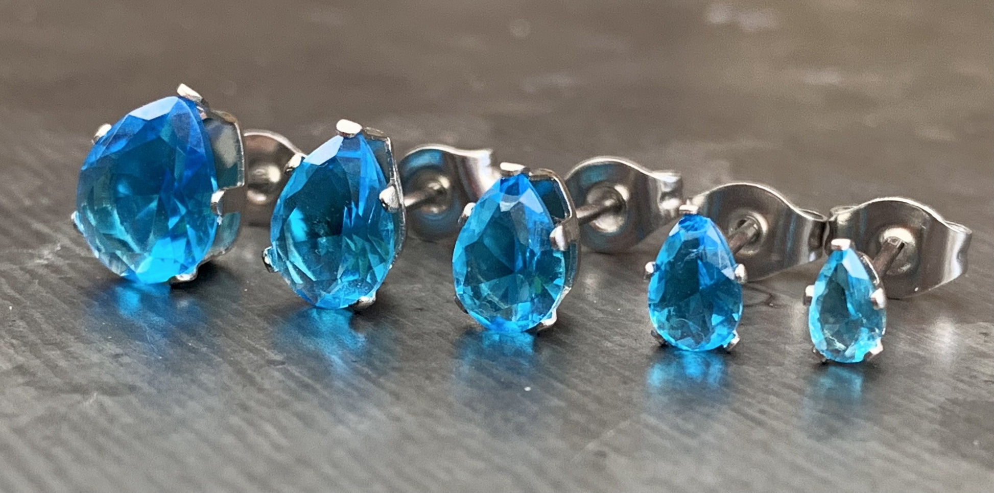 PAIR of Stunning Hypoallergenic Aqua CZ Gem Teardrop Stud Earrings - 3mm, 4mm, 5mm, 6mm & 7mm Gem Size Available!