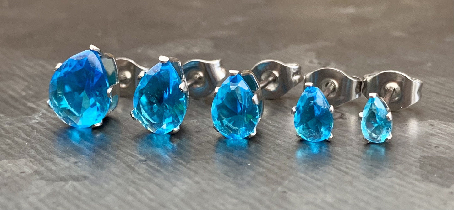 PAIR of Stunning Hypoallergenic Aqua CZ Gem Teardrop Stud Earrings - 3mm, 4mm, 5mm, 6mm & 7mm Gem Size Available!