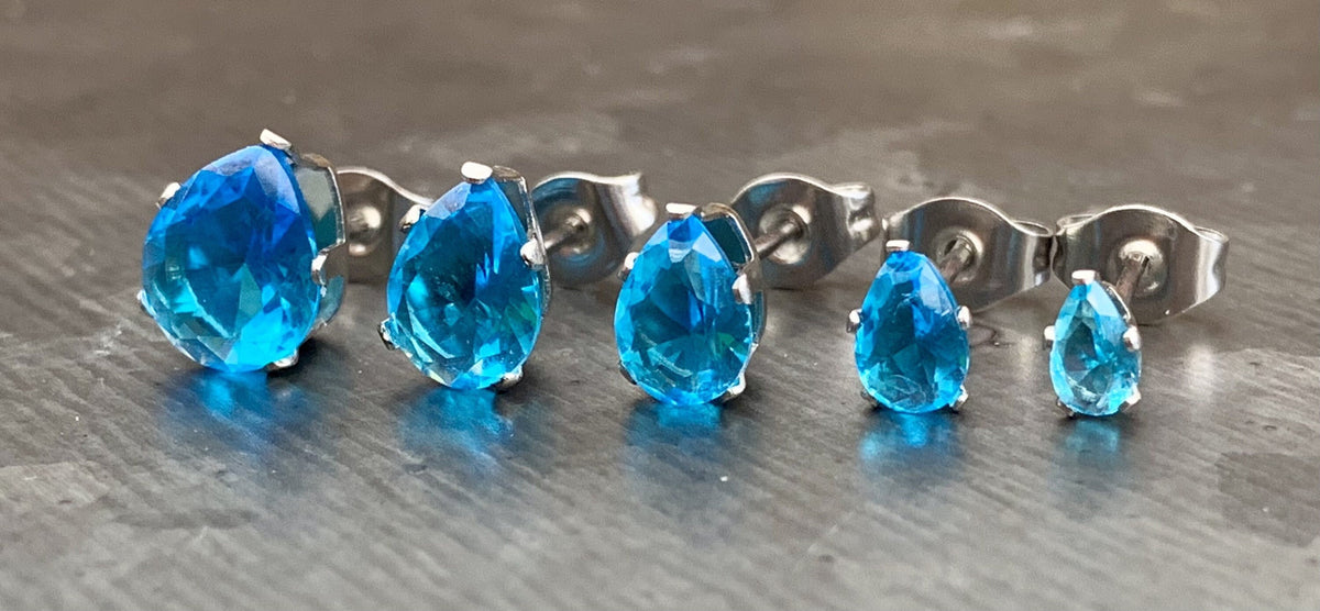 PAIR of Stunning Hypoallergenic Aqua CZ Gem Teardrop Stud Earrings - 3mm, 4mm, 5mm, 6mm & 7mm Gem Size Available!