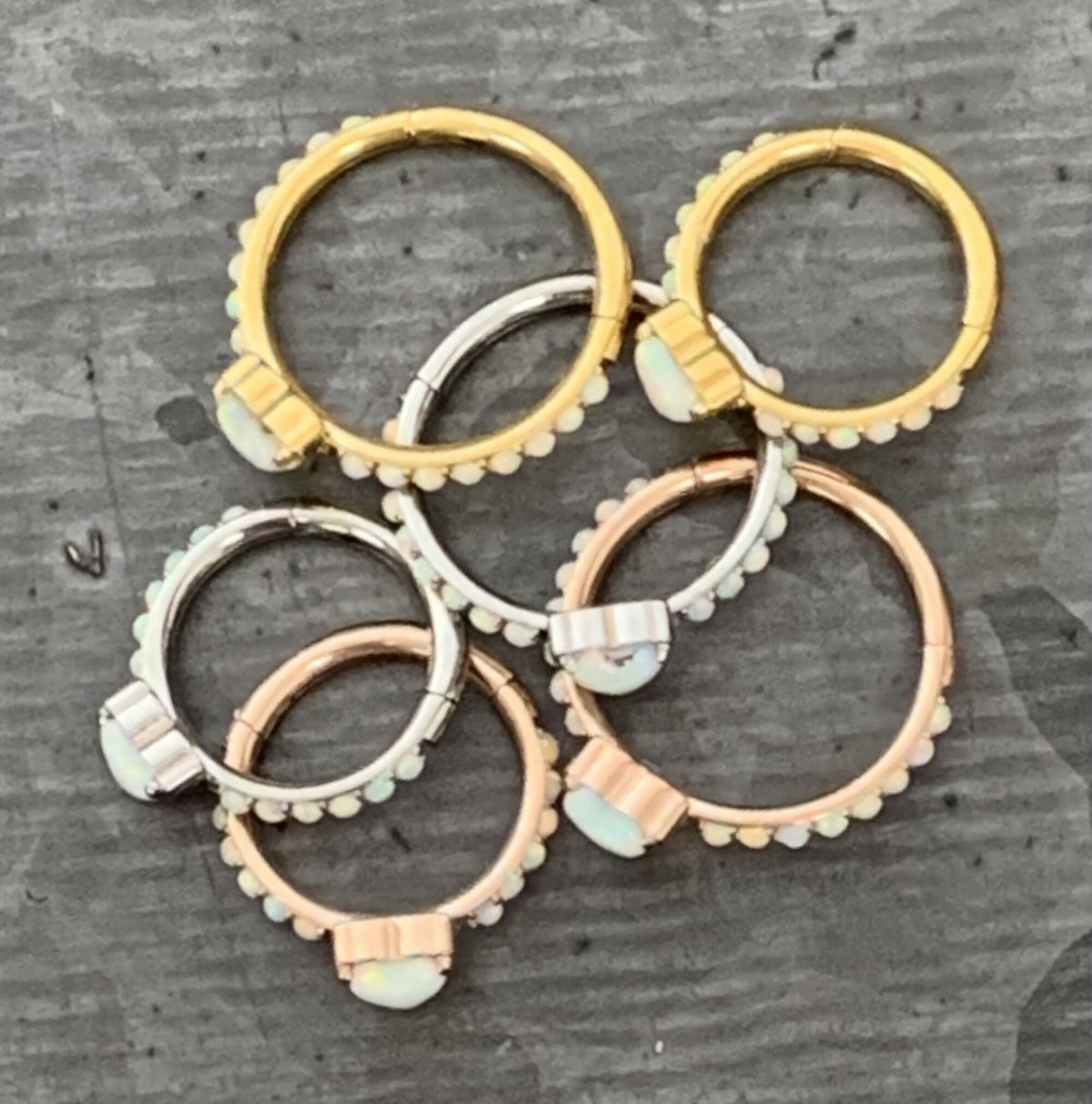 1 Piece of Implant Grade Titanium Opal Heart w/ Paved Sides Hinged Segment Ring - 16g - 10mm, 8mm - Silver ,Gold & Rose Gold available!