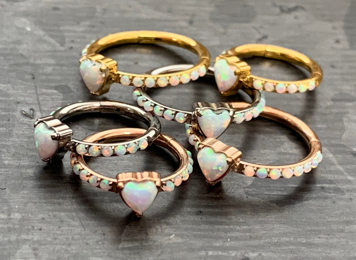 1 Piece of Implant Grade Titanium Opal Heart w/ Paved Sides Hinged Segment Ring - 16g - 10mm, 8mm - Silver ,Gold & Rose Gold available!