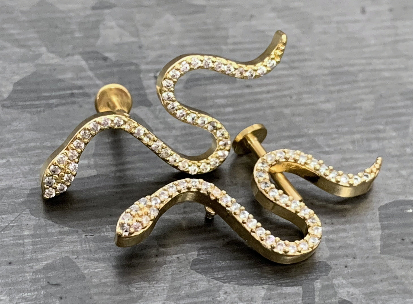 1 Piece Unique CZ Paved Steel Snake 16g Internally Threaded Labret - Sliver, Gold and Aurora Borealis available!