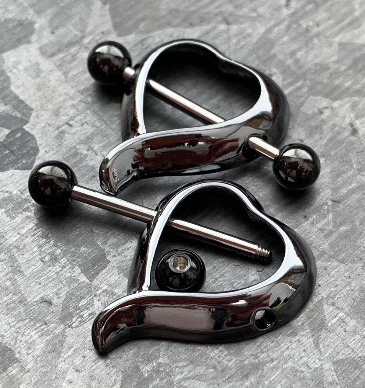 PAIR of Unique Artistic Heart Shaped Nipple Steel Barbells/Shields/Rings - 14g, 10mm wearable length in Silver, Gold & Black!