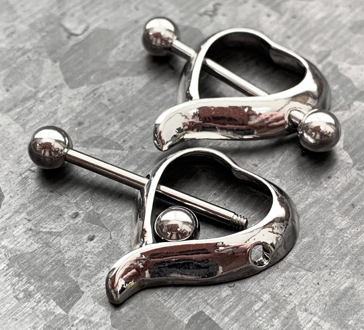 PAIR of Unique Artistic Heart Shaped Nipple Steel Barbells/Shields/Rings - 14g, 10mm wearable length in Silver, Gold & Black!