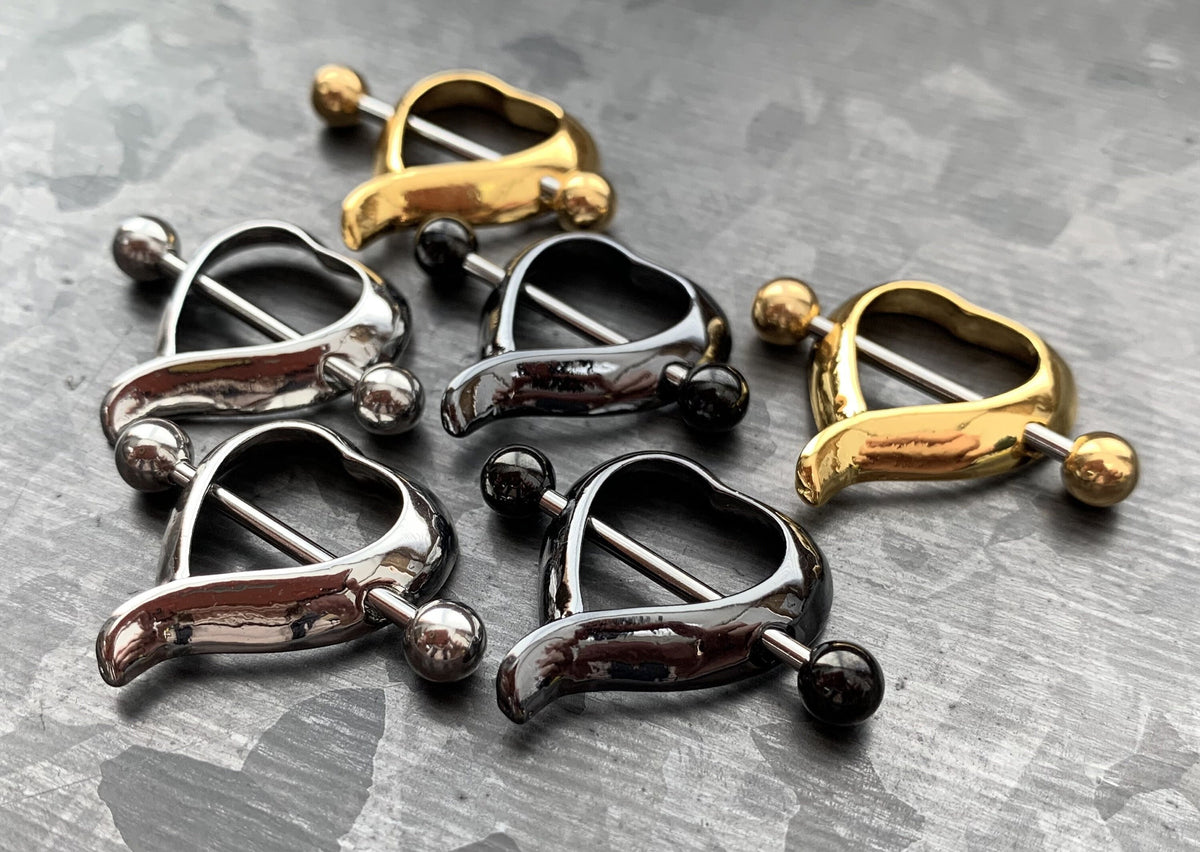 PAIR of Unique Artistic Heart Shaped Nipple Steel Barbells/Shields/Rings - 14g, 10mm wearable length in Silver, Gold & Black!