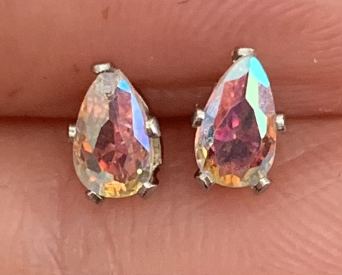 PAIR of Dazzling Hypoallergenic Aurora Borealis CZ Gem Teardrop Stud Earrings - 3mm, 4mm, 5mm, 6mm & 7mm Gem Size Available!