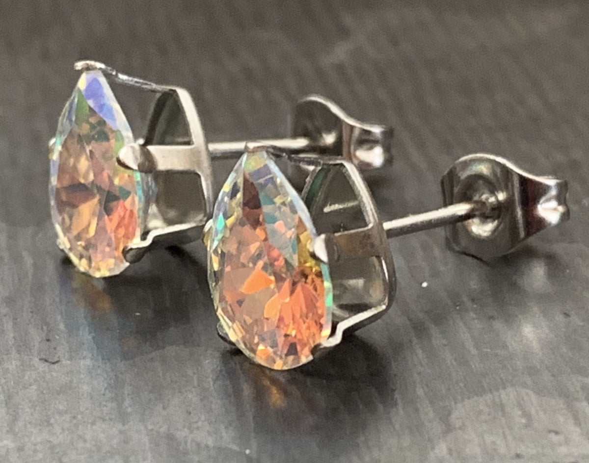 PAIR of Dazzling Hypoallergenic Aurora Borealis CZ Gem Teardrop Stud Earrings - 3mm, 4mm, 5mm, 6mm & 7mm Gem Size Available!