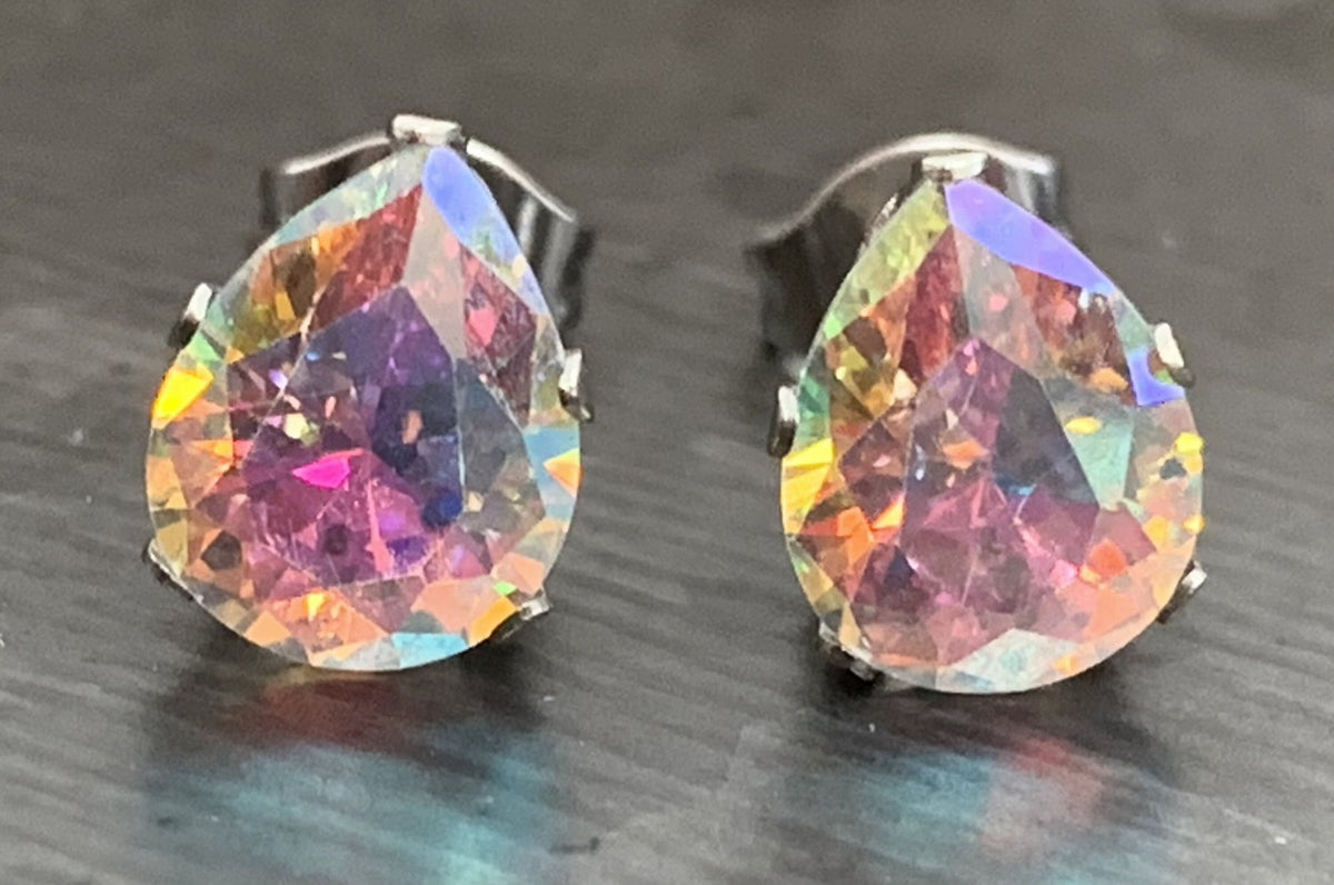 PAIR of Dazzling Hypoallergenic Aurora Borealis CZ Gem Teardrop Stud Earrings - 3mm, 4mm, 5mm, 6mm & 7mm Gem Size Available!