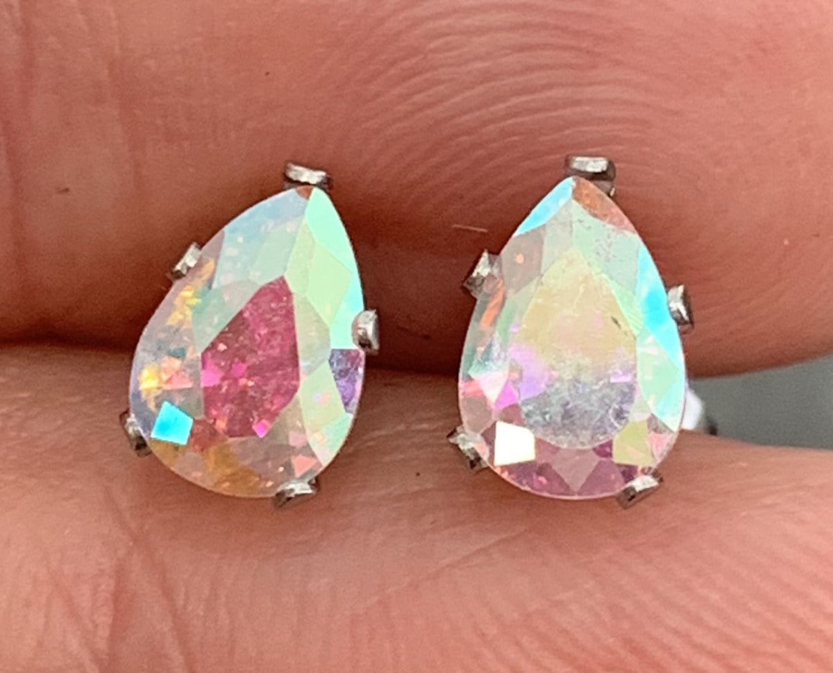 PAIR of Dazzling Hypoallergenic Aurora Borealis CZ Gem Teardrop Stud Earrings - 3mm, 4mm, 5mm, 6mm & 7mm Gem Size Available!