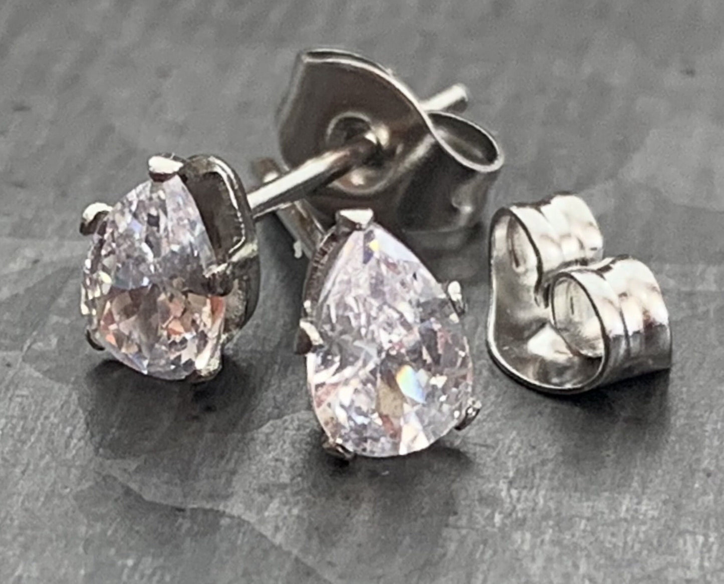 PAIR of Beautiful Hypoallergenic Clear CZ Gem Teardrop Stud Earrings - 3mm, 4mm, 5mm, 6mm & 7mm Gem Size Available!