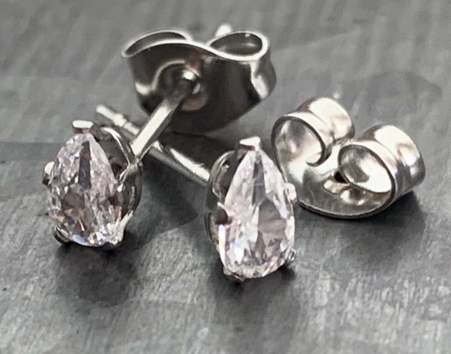 PAIR of Beautiful Hypoallergenic Clear CZ Gem Teardrop Stud Earrings - 3mm, 4mm, 5mm, 6mm & 7mm Gem Size Available!