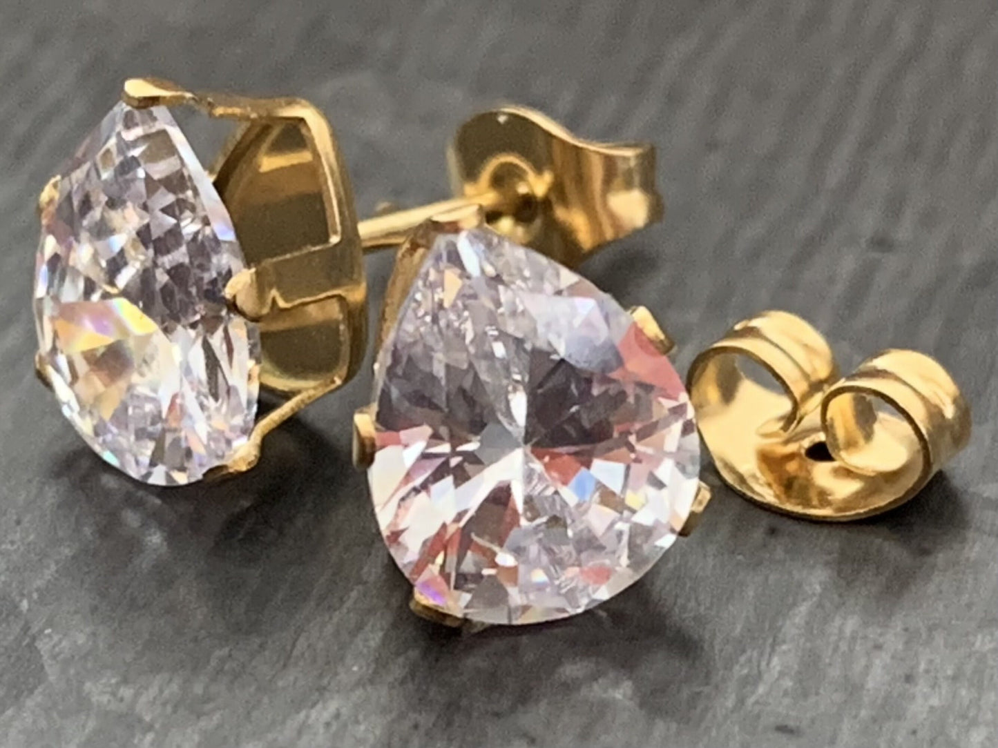 PAIR of Beautiful Hypoallergenic Clear CZ Gem Teardrop Gold Stud Earrings - 3mm, 4mm, 5mm, 6mm & 7mm Gem Size Available!