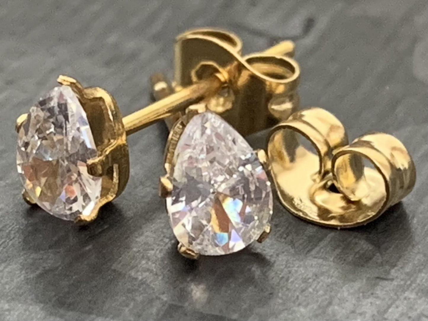 PAIR of Beautiful Hypoallergenic Clear CZ Gem Teardrop Gold Stud Earrings - 3mm, 4mm, 5mm, 6mm & 7mm Gem Size Available!