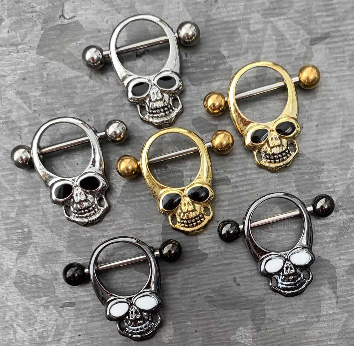 PAIR of Steel Skull with Enamel Eyes Nipple Barbells/Shields/Rings - 14g, 11mm wearable length in Silver, Gold & Black!