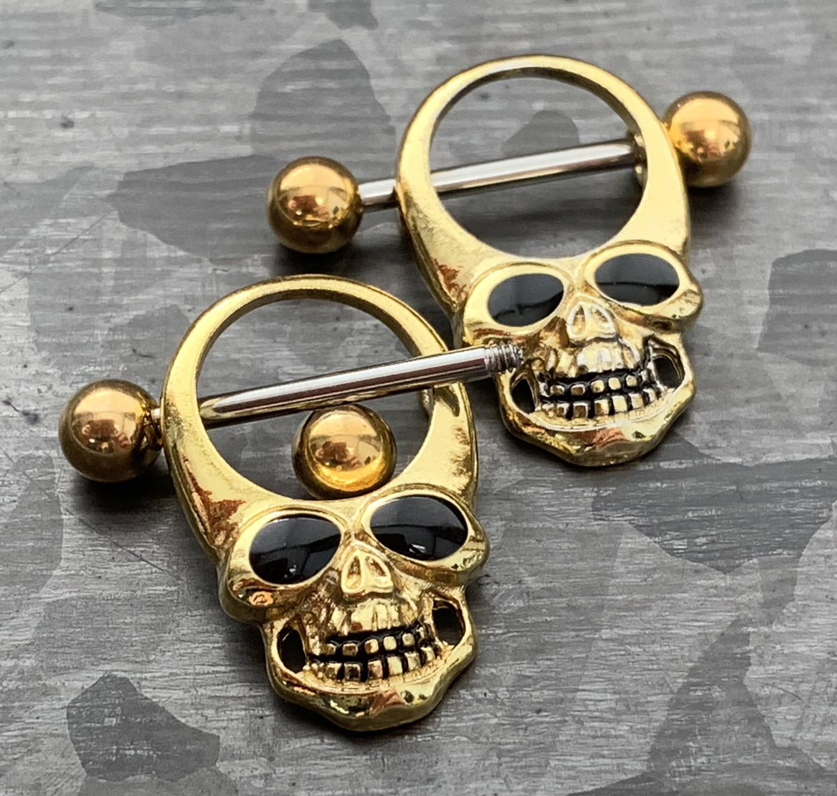PAIR of Steel Skull with Enamel Eyes Nipple Barbells/Shields/Rings - 14g, 11mm wearable length in Silver, Gold & Black!
