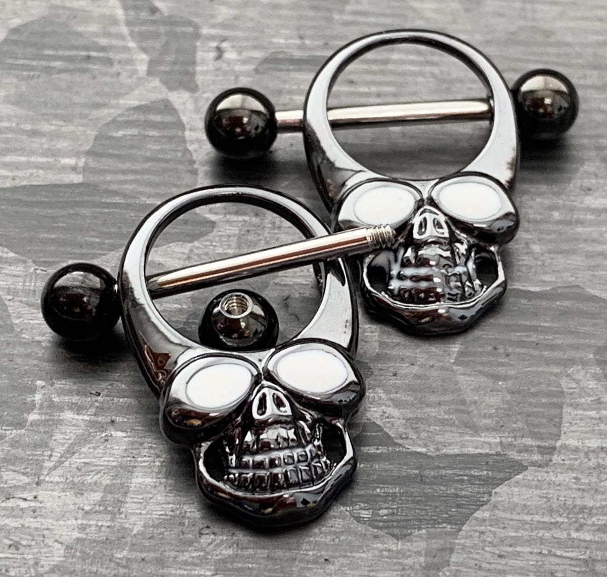 PAIR of Steel Skull with Enamel Eyes Nipple Barbells/Shields/Rings - 14g, 11mm wearable length in Silver, Gold & Black!