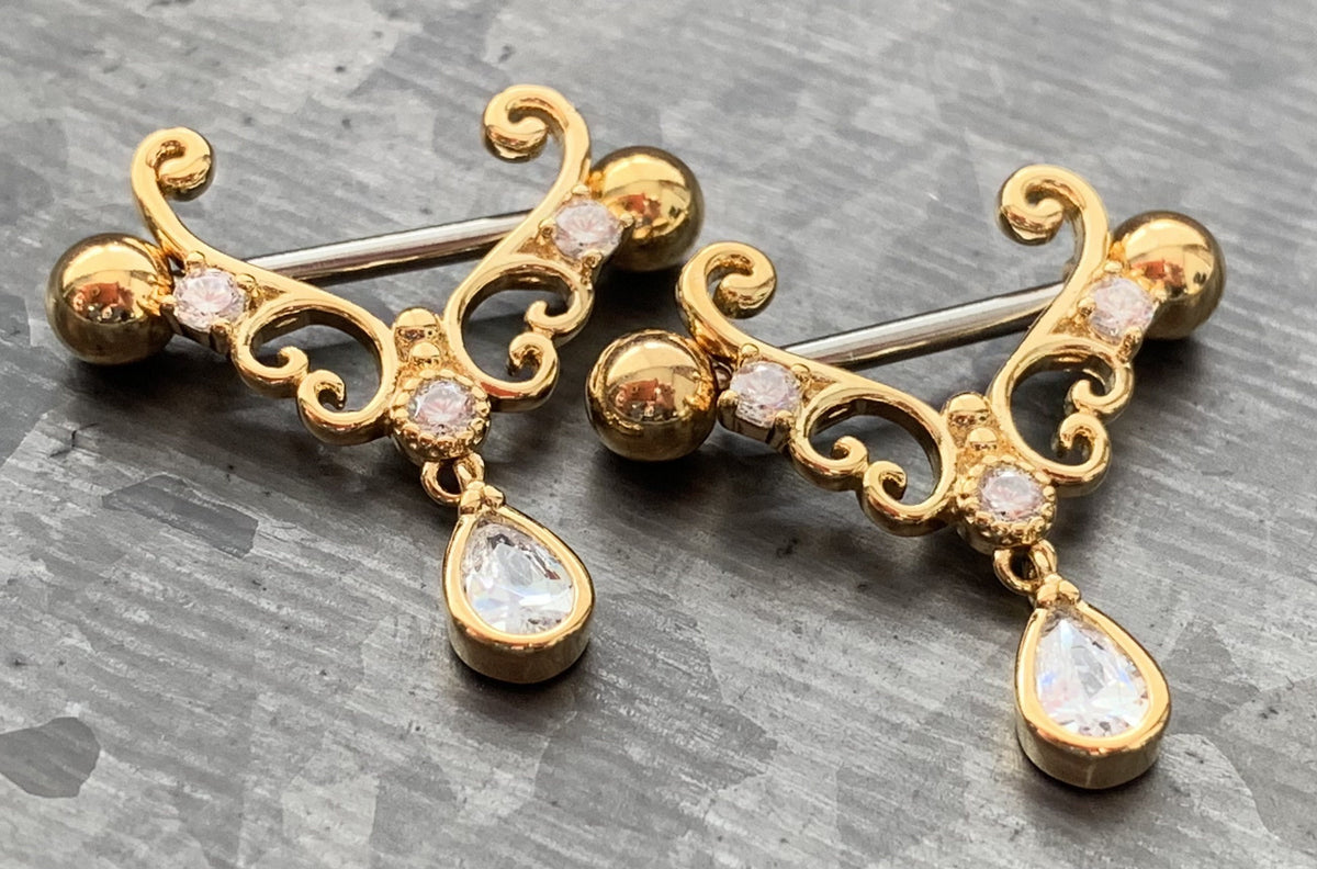 PAIR of Heart Filigree with CZ Teardrop Gem Steel Nipple Barbells/Shields/Rings - 16g, 10mm wearable length in Silver, Gold & Rose Gold!