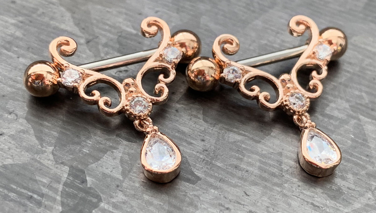 PAIR of Heart Filigree with CZ Teardrop Gem Steel Nipple Barbells/Shields/Rings - 16g, 10mm wearable length in Silver, Gold & Rose Gold!