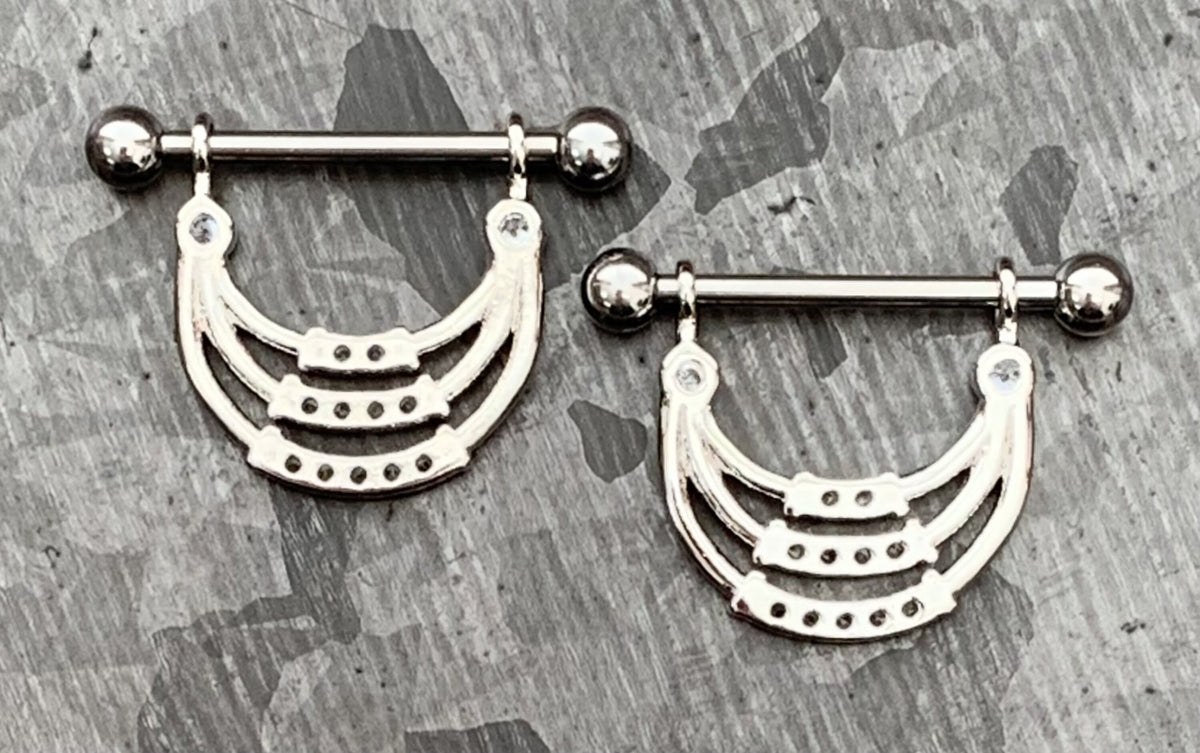 PAIR of Stunning Triple Lined CZ Gem Steel Nipple Barbells/Shields/Rings - 14g, 14mm wearable length in Silver, Gold & Rose Gold!