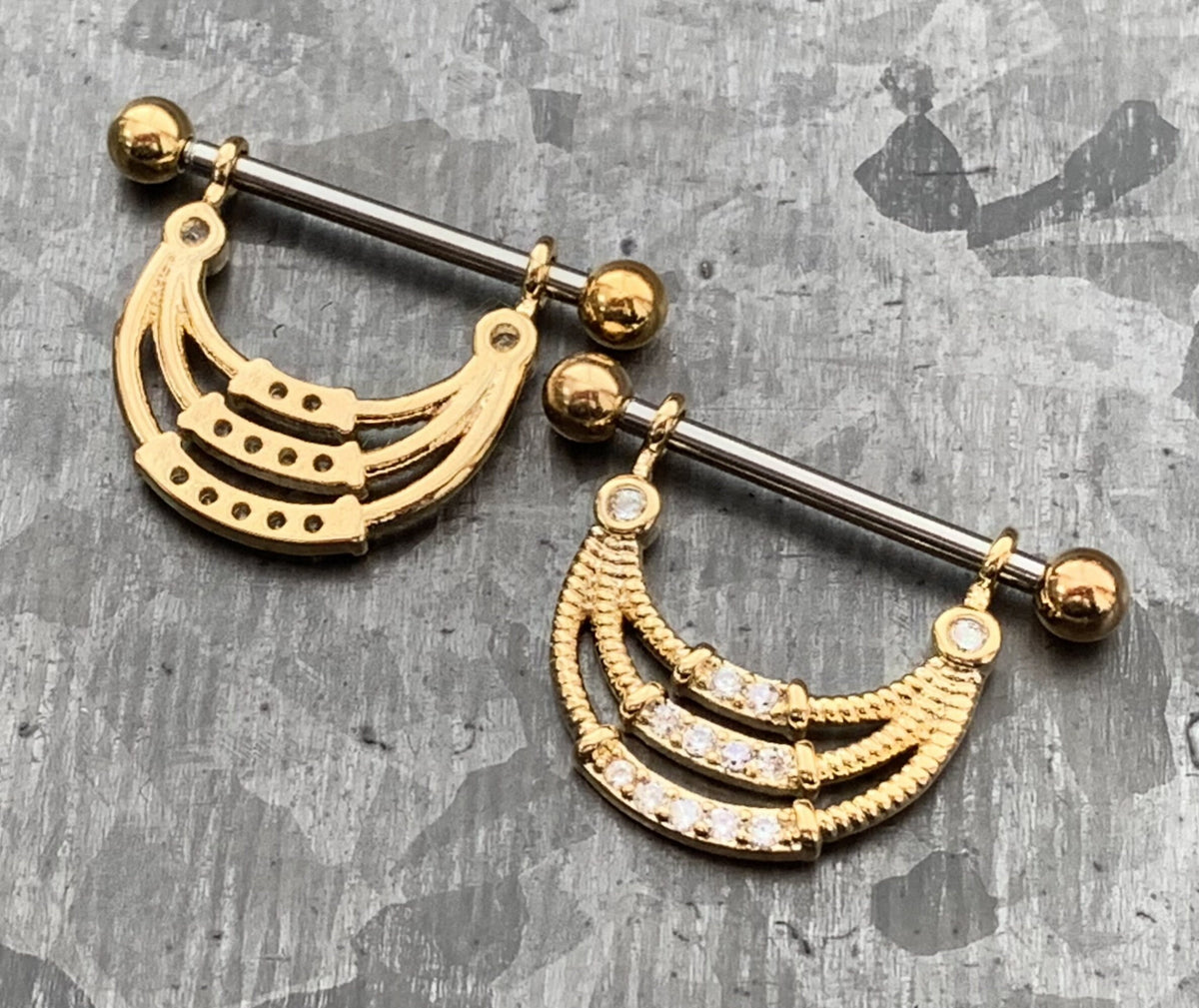 PAIR of Stunning Triple Lined CZ Gem Steel Nipple Barbells/Shields/Rings - 14g, 14mm wearable length in Silver, Gold & Rose Gold!