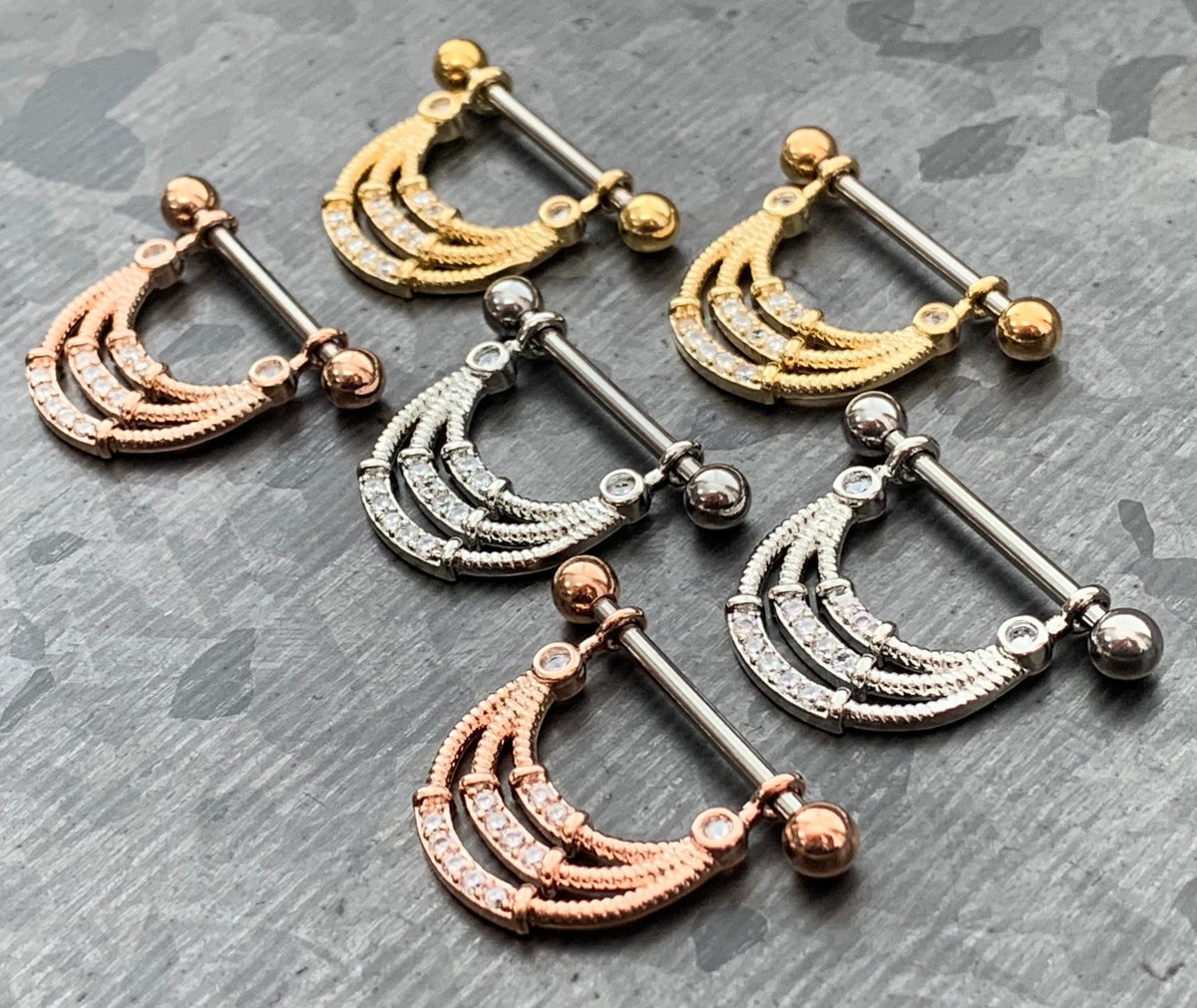 PAIR of Stunning Triple Lined CZ Gem Steel Nipple Barbells/Shields/Rings - 14g, 14mm wearable length in Silver, Gold & Rose Gold!