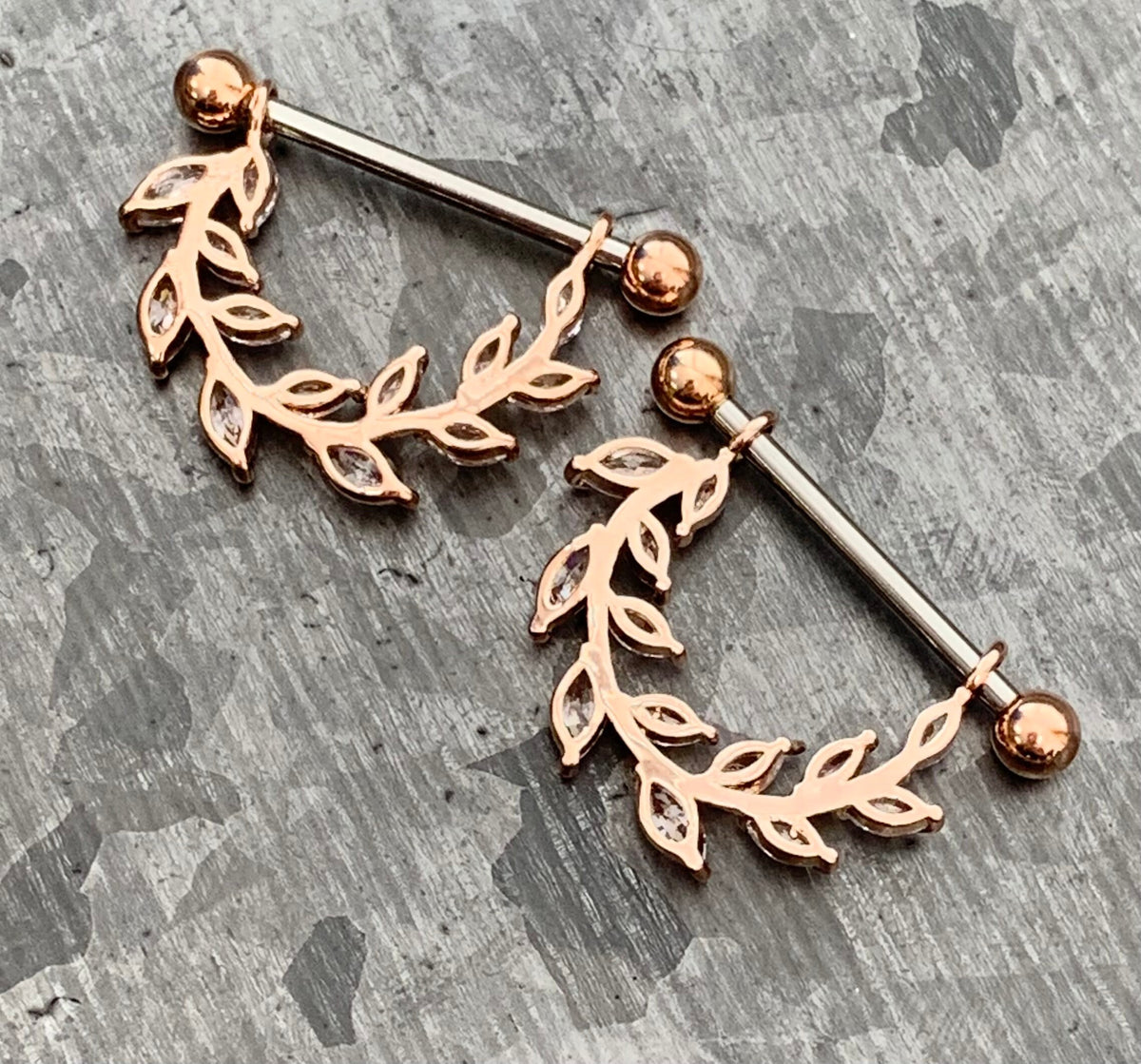 PAIR of Stunning Marquise CZ Gem Vine Dangle Steel Nipple Barbells/Shields/Rings - 14g, 14mm wearable length in Silver, Gold & Rose Gold!
