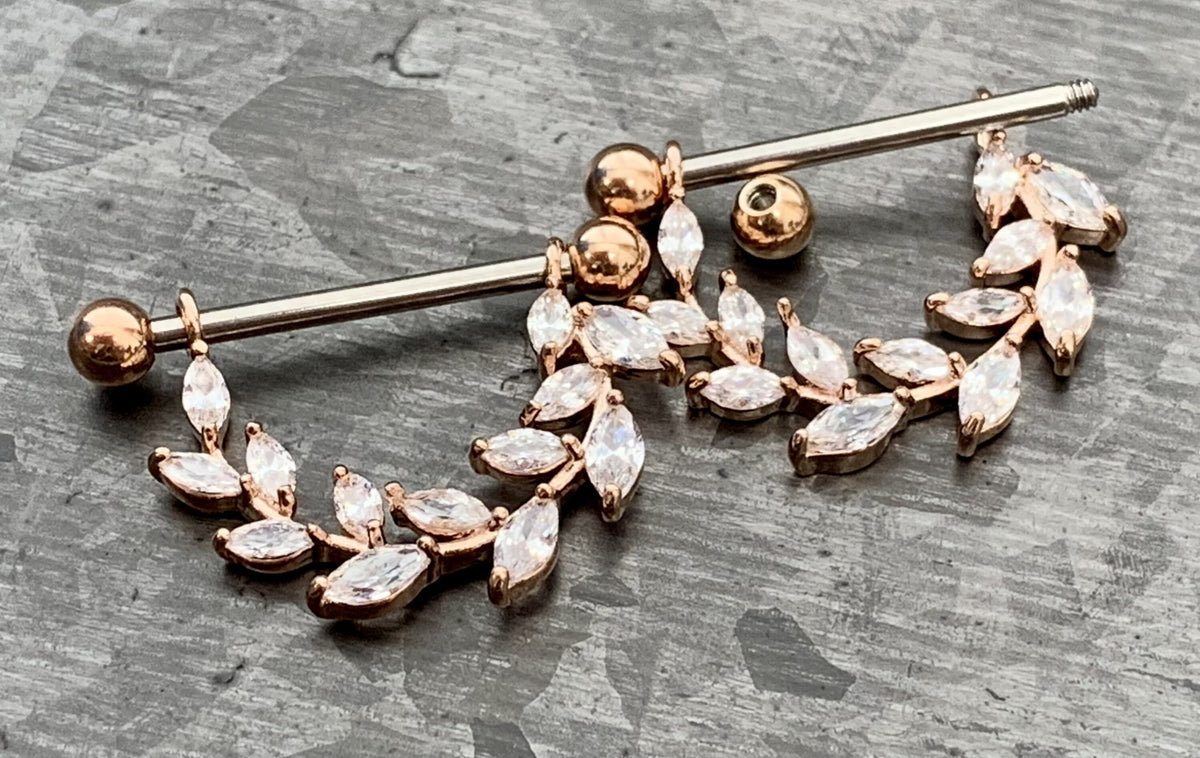 PAIR of Stunning Marquise CZ Gem Vine Dangle Steel Nipple Barbells/Shields/Rings - 14g, 14mm wearable length in Silver, Gold & Rose Gold!
