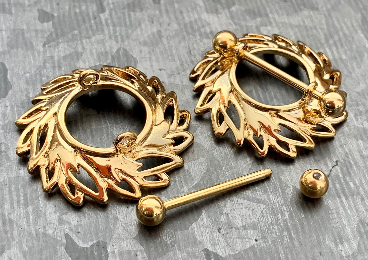 PAIR of Beautiful Swirling Leaves Steel Nipple Barbells/Shields/Rings - 14g, 12mm wearable length in Silver, Gold & Rose Gold!