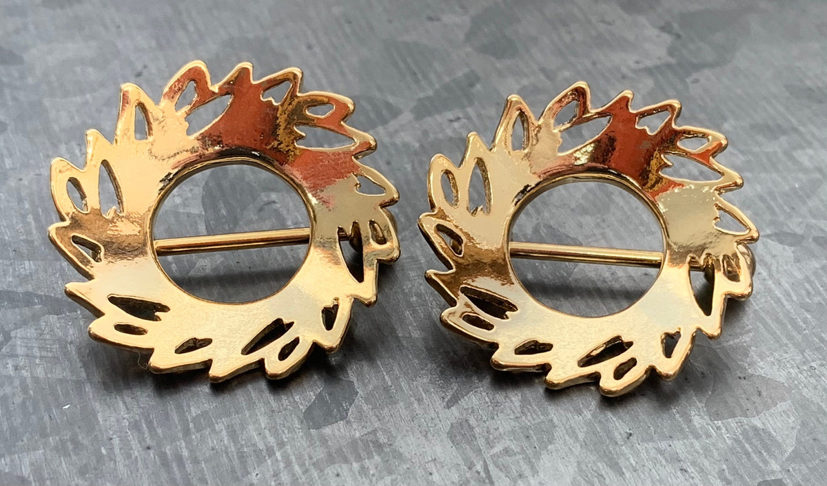 PAIR of Beautiful Swirling Leaves Steel Nipple Barbells/Shields/Rings - 14g, 12mm wearable length in Silver, Gold & Rose Gold!