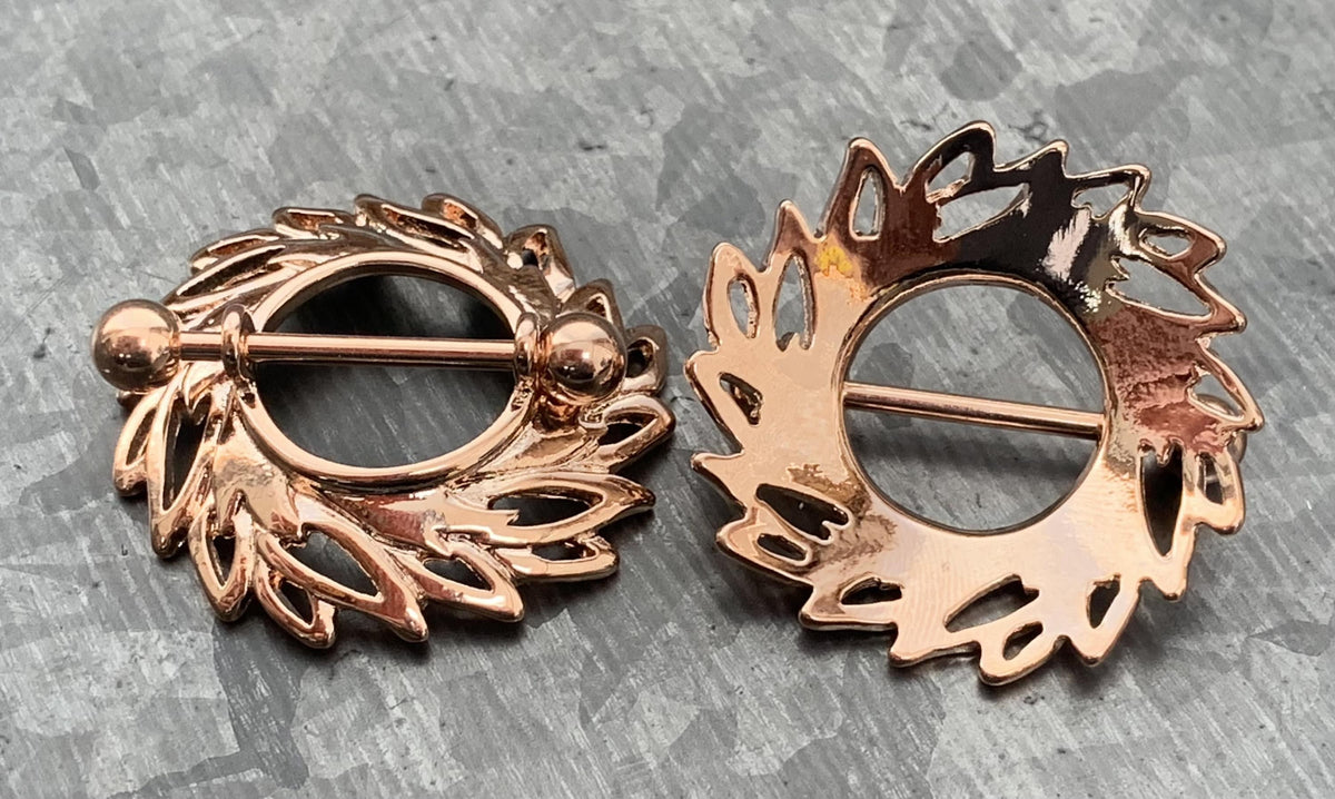 PAIR of Beautiful Swirling Leaves Steel Nipple Barbells/Shields/Rings - 14g, 12mm wearable length in Silver, Gold & Rose Gold!